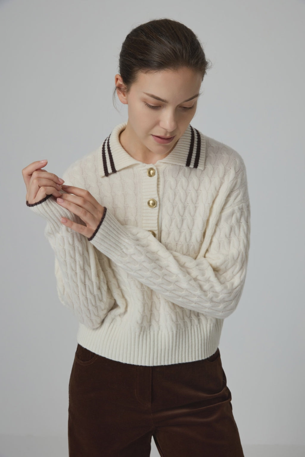 Wool Cable Knit Polo Sweater - serathinan 