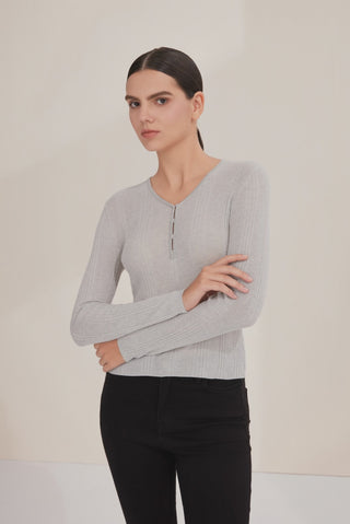 Wool-Blend V-Neck Knit Top with Beaded Placket - serathinan 