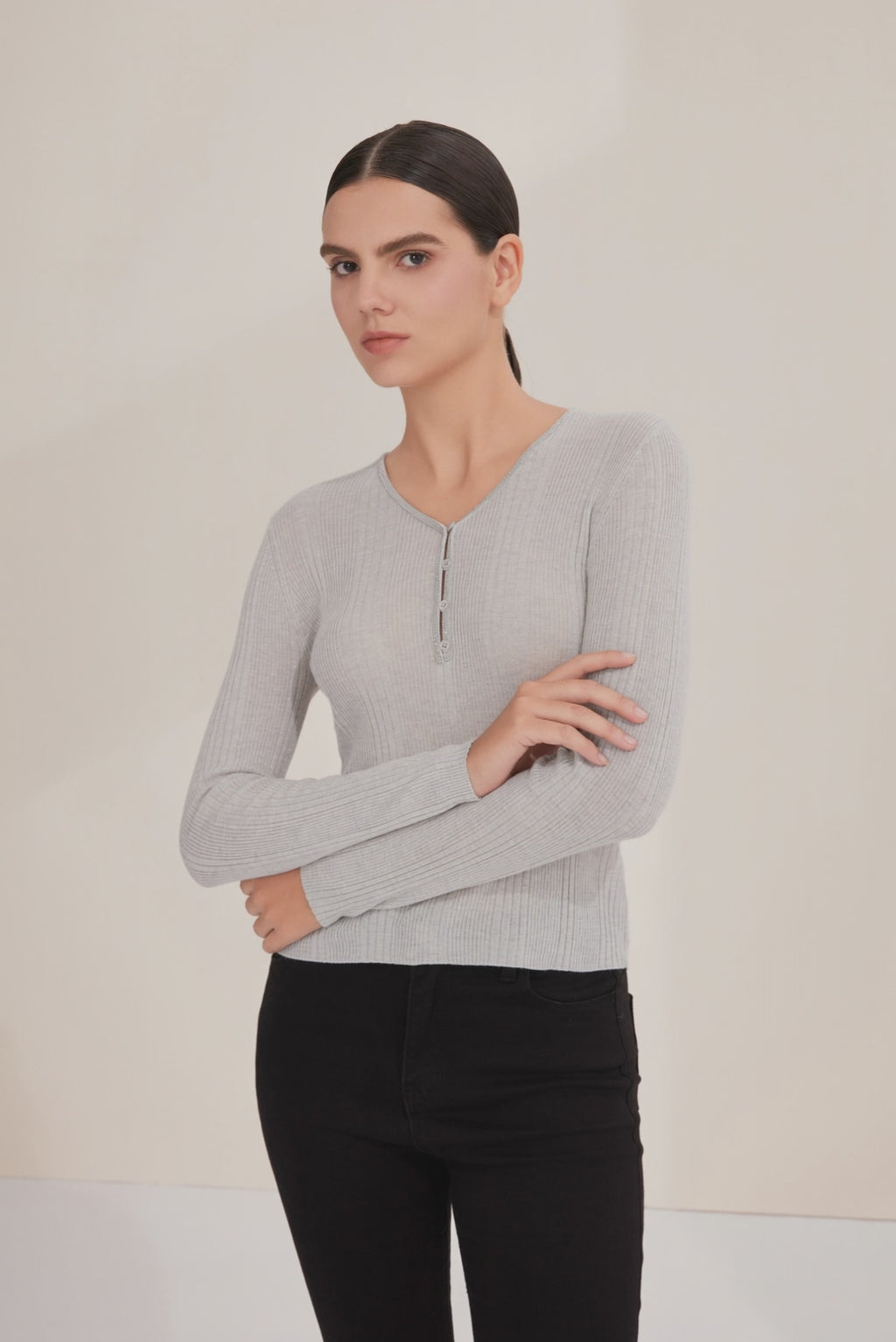 Wool-Blend V-Neck Knit Top with Beaded Placket - serathinan 