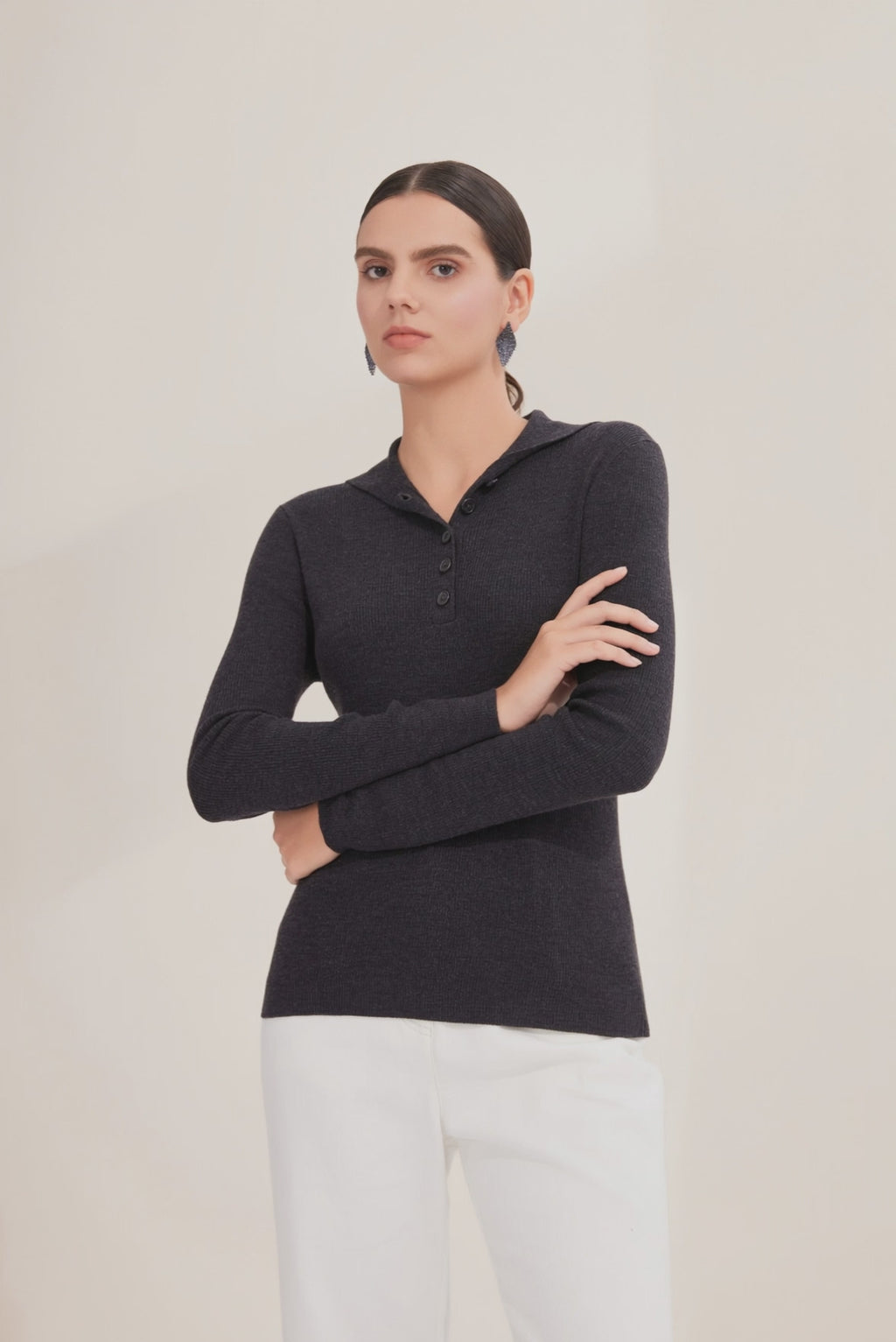Wool Polo Knit with Beaded Details - serathinan 