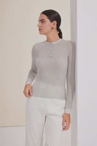 Fine Rib Wool-Blend Henley Top with Beaded Neckline - serathinan 