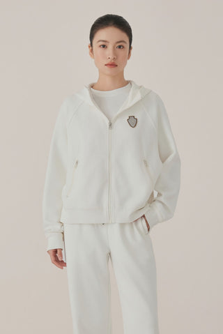 Cotton Stretch Zip-Up Hoodie with Beaded Crest Badge - serathinan 