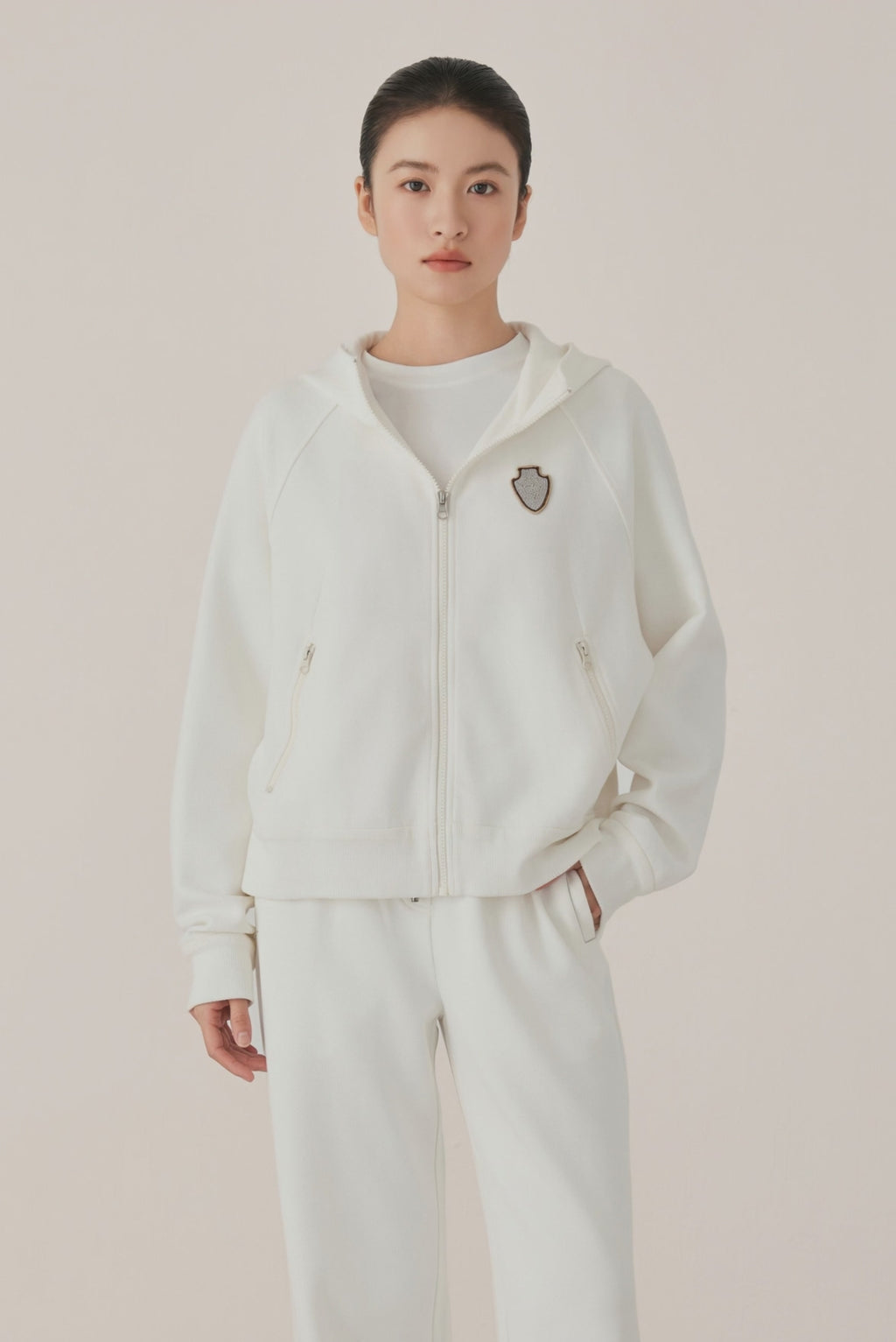 Cotton Stretch Zip-Up Hoodie with Beaded Crest Badge - serathinan 