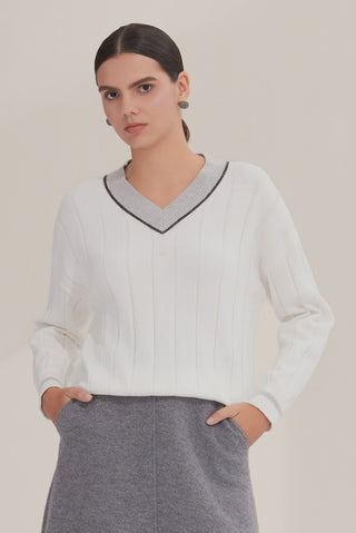 Cotton Women's V-Neck Contrast Trim Sweater - serathinan 