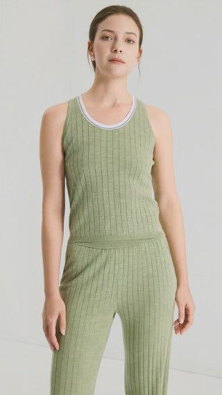 Wool Silk Fine Rib Knit Tank Top with Contrast Tipped Neckline - serathinan 