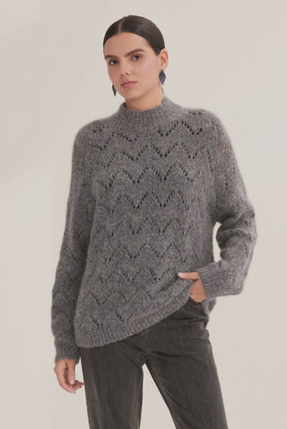 Cashmere Alpaca Mohair Sequin Openwork Knit Sweater - serathinan 