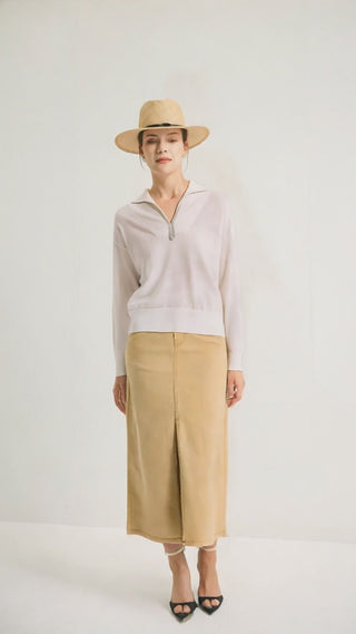 Wool Polo Knit Pullover With Silver Beaded Collar - serathinan 