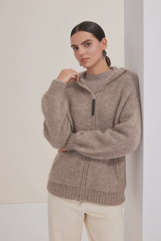 Cashmere-Blend Hooded Coat with shiny zipper - serathinan 