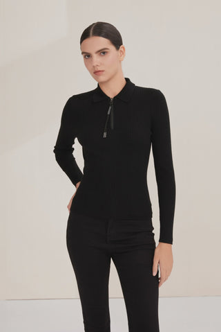 Wool Ribbed Zip Polo Sweater with Shimmer Pull - serathinan 