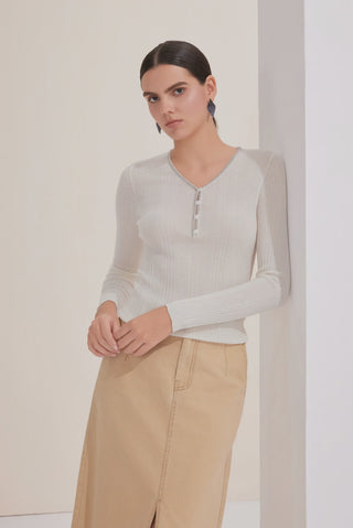 Wool-Blend V-Neck Knit Top with Beaded Placket - serathinan 