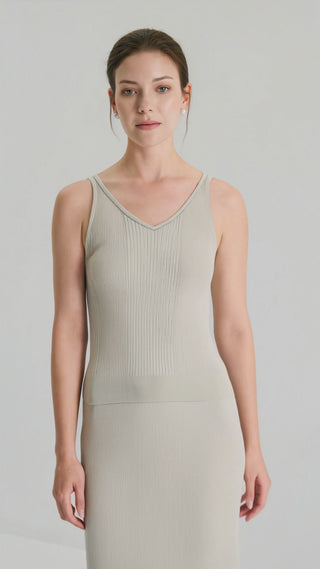 Wool Silk Fine Rib Knit V-Neck Tank Top - serathinan 