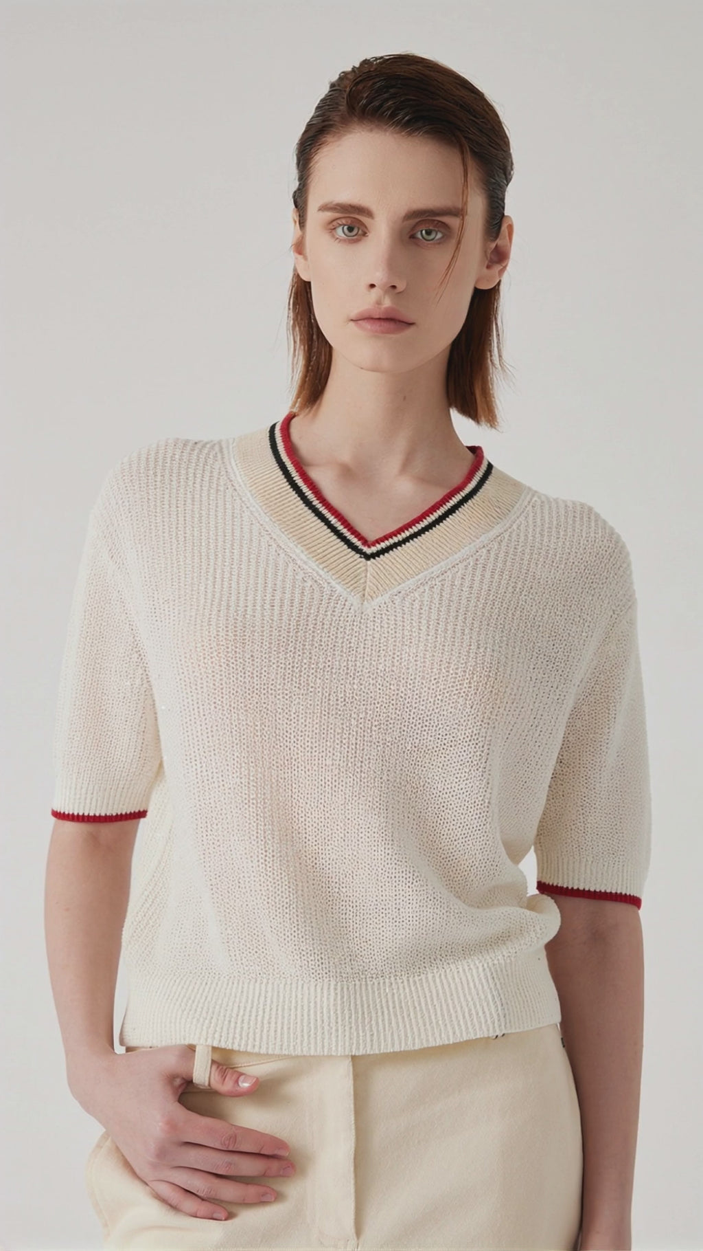 Linen Sequin-Trim Ribbed V-Neck Knit Top - serathinan 