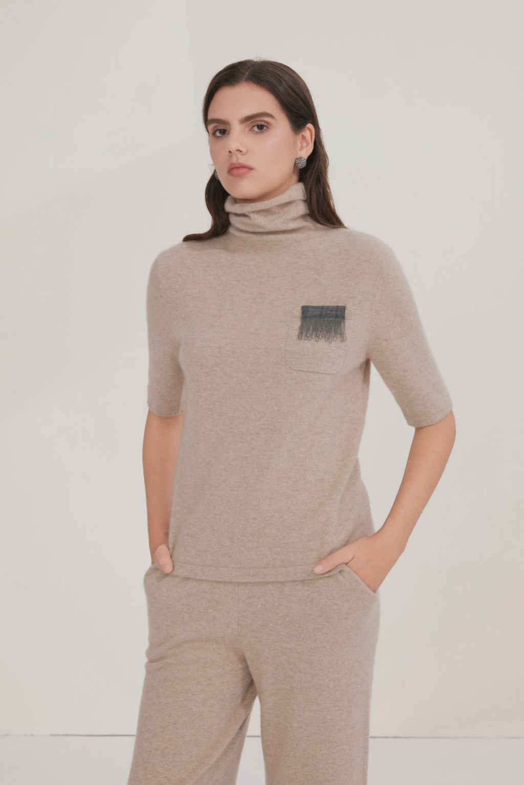 Cashmere Short-Sleeve Turtleneck Knit sweater with Refined Silver Bead Detail - serathinan 