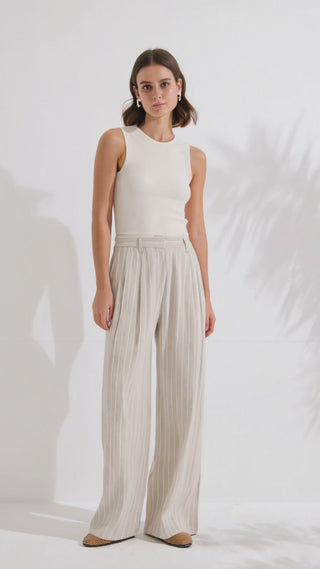 Linen-Cotton Striped Relaxed Wide-Leg Pants - serathinan 