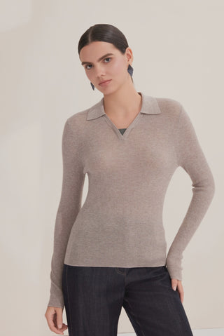 Fine Wool Blend Ribbed Polo Pullover with Layered Beaded Neckline - serathinan 