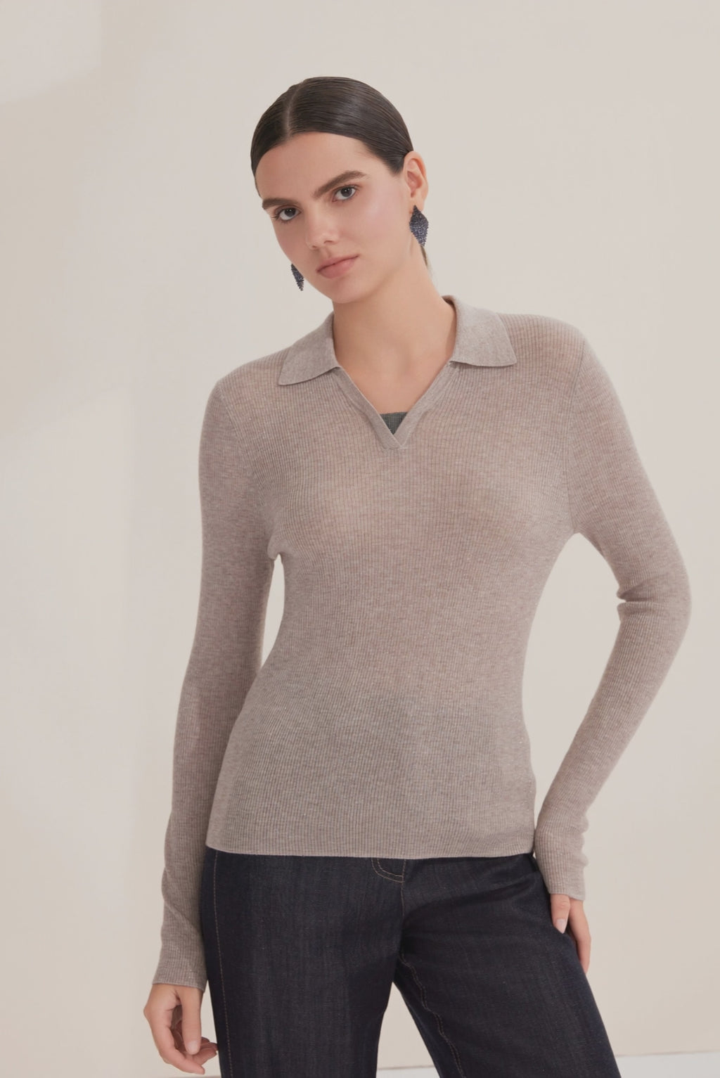 Fine Wool Blend Ribbed Polo Pullover with Layered Beaded Neckline - serathinan 