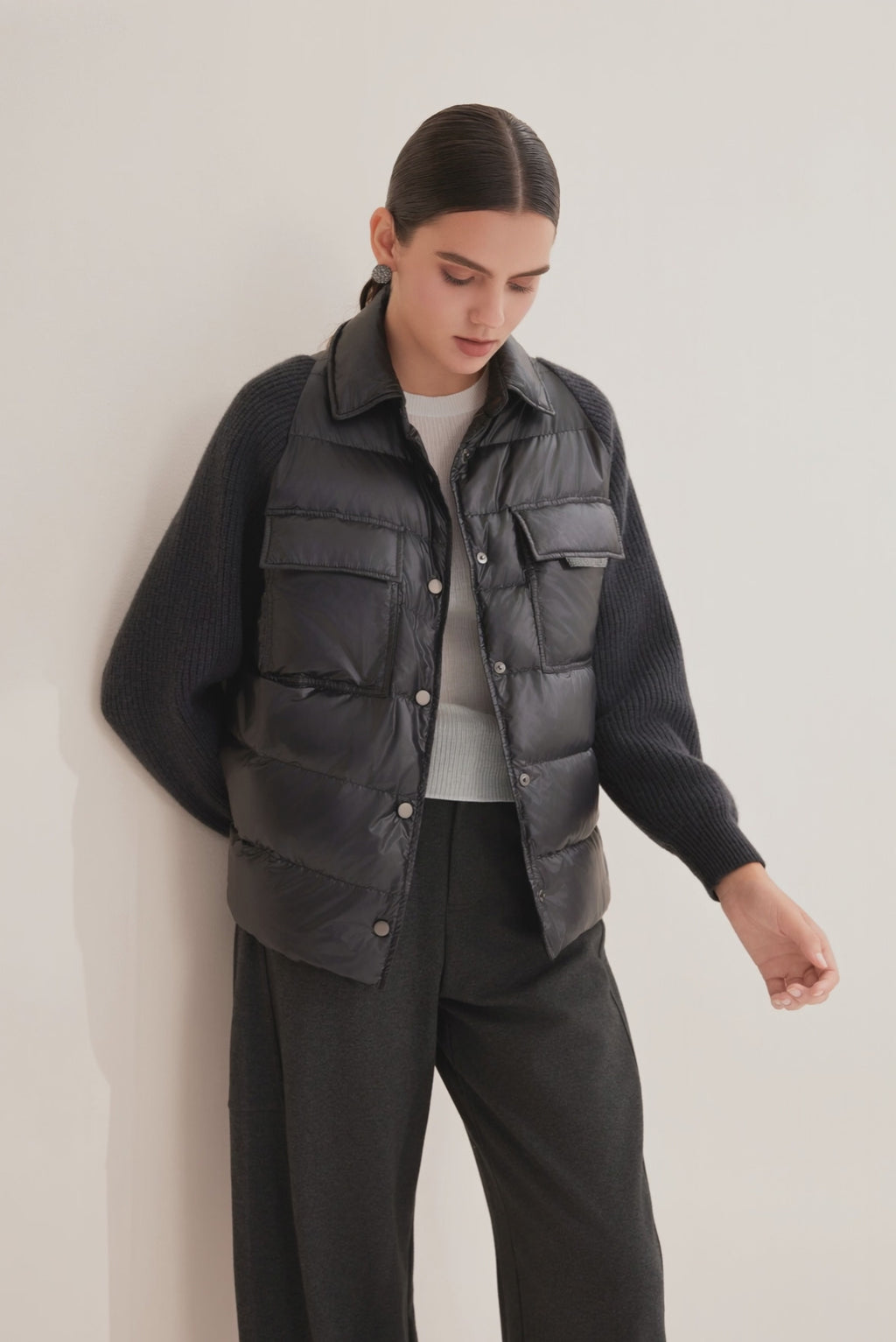 Wool Panel Women's Down Shirt Jacket - serathinan 