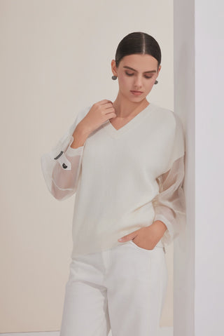 Wool V-Neck Knit Top with Organza Sleeves - serathinan 