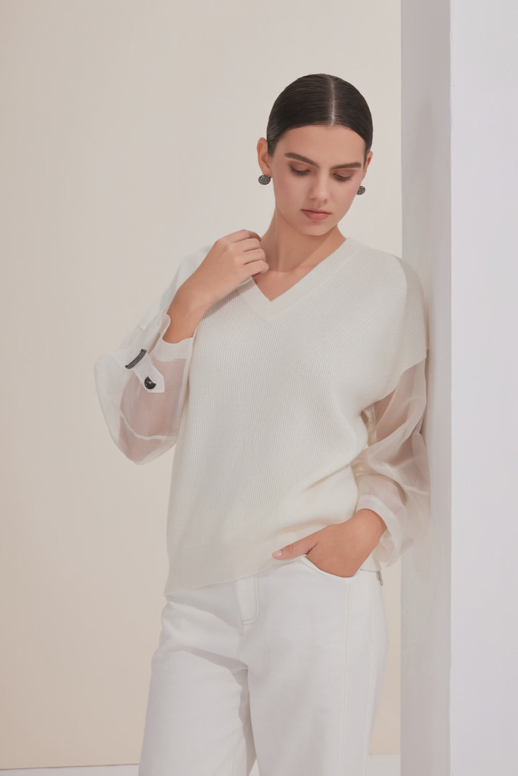 Wool V-Neck Knit Top with Organza Sleeves - serathinan 