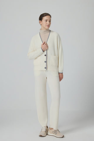 Wool V-Neck Cardigan with Contrast Trim - serathinan 