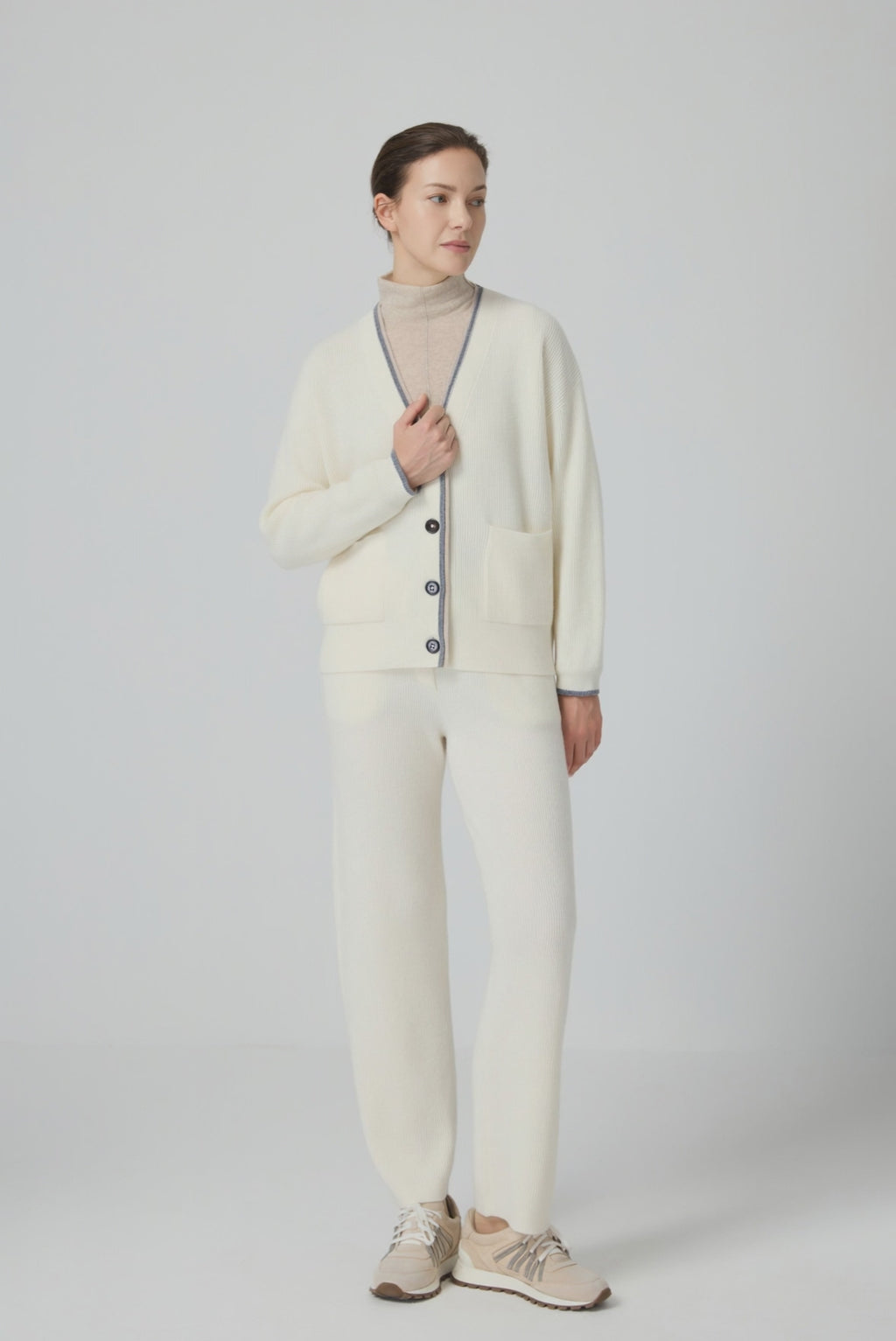Wool V-Neck Cardigan with Contrast Trim - serathinan 