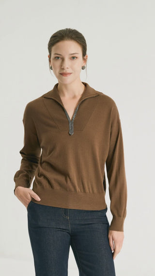 Wool Polo Knit Pullover With Silver Beaded Collar - serathinan 