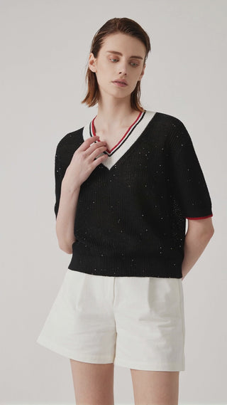 Linen Sequin-Trim Ribbed V-Neck Knit Top - serathinan 
