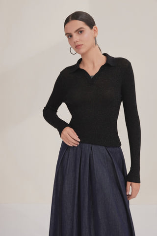 Fine Wool Blend Ribbed Polo Pullover with Layered Beaded Neckline - serathinan 