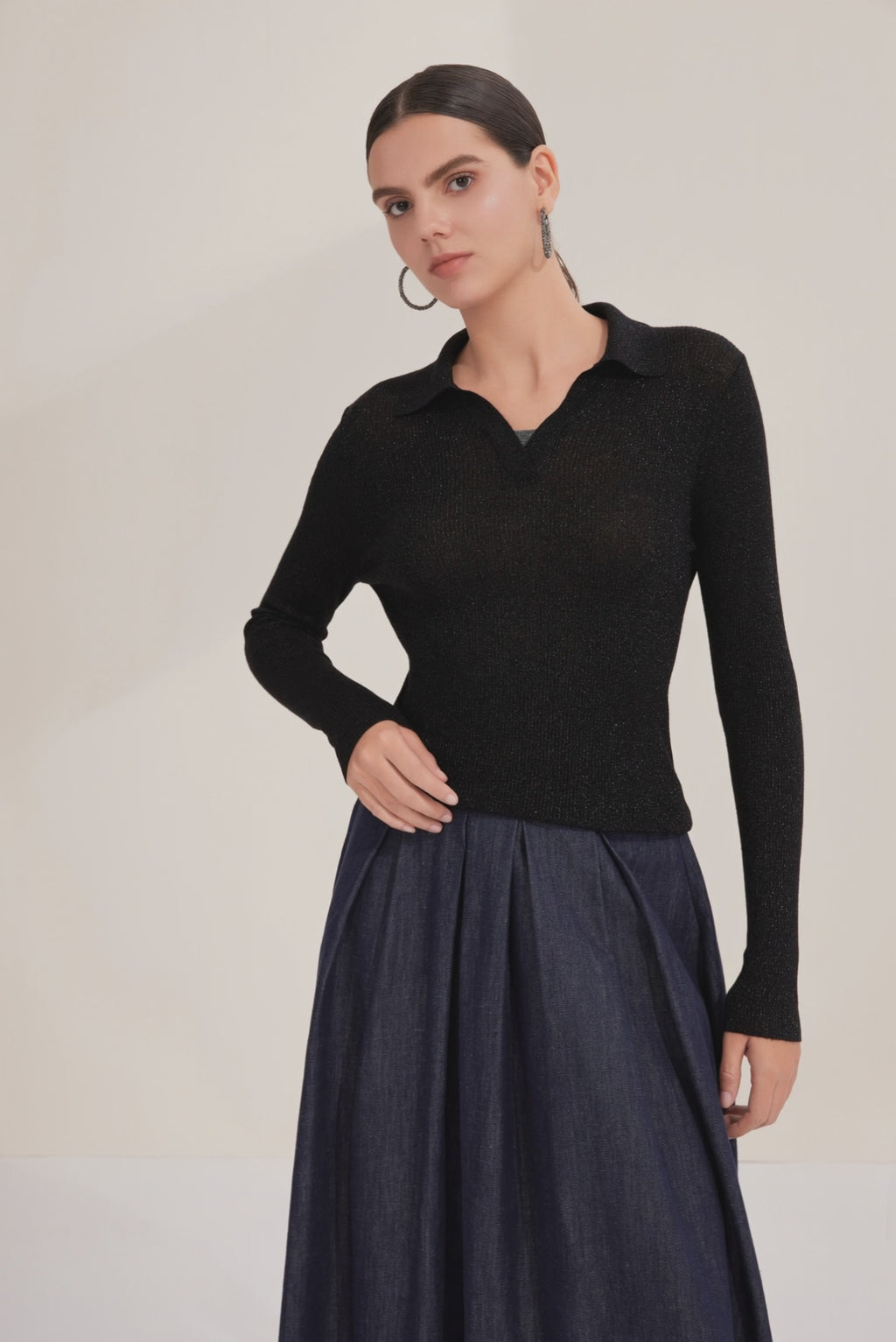 Fine Wool Blend Ribbed Polo Pullover with Layered Beaded Neckline - serathinan 