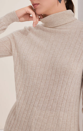 Camel ribbed cashmere turtleneck sweater close-up of neckline and vertical ribbing