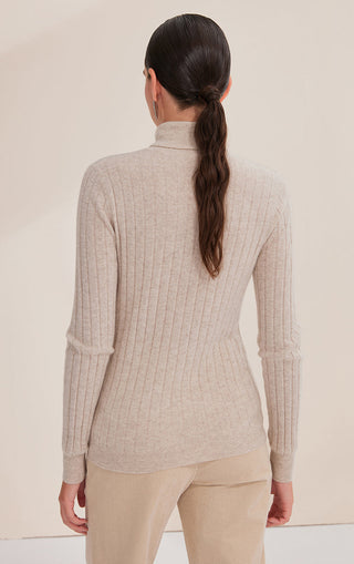 Camel ribbed cashmere turtleneck sweater, back view with straight rib pattern